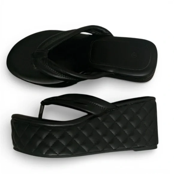 Chunky Platform Wedge Slip On Thong Sandals Black Quilted Women’s 8 - Picture 13 of 13